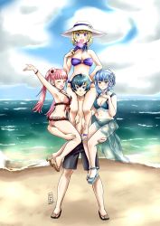 Rule 34 | 1boy, 3girls, absurdres, arm up, artist logo, beach, bikini, black male swimwear, black swim trunks, blonde hair, blue bikini, blue eyes, blue hair, blue sky, braid, breasts, brown eyes, byleth (fire emblem), byleth (male) (fire emblem), carrying, cleavage, cloud, cloudy sky, constance von nuvelle, crown braid, fire emblem, fire emblem: three houses, flower, hair flower, hair ornament, hand fan, hand on own hip, hat, height difference, highres, hilda valentine goneril, kagura oni, large breasts, lifting person, light blue hair, looking at viewer, male swimwear, marianne von edmund, multicolored hair, multiple girls, navel, nintendo, ocean, one eye closed, open mouth, paper fan, pimp, pink eyes, pink hair, purple bikini, purple hair, red bikini, sandals, sarong, scarf, shorts, sitting on shoulder, sky, sun hat, swim trunks, swimsuit, thighs, twintails, two-tone hair, underboob, water, wink