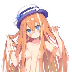 Rule 34 | 1girl, akikawa yayoi (umamusume), arm at side, blush, breasts, closed mouth, collarbone, dotodo, fingernails, flower, hair between eyes, hat, highres, horse girl, looking at viewer, nude, orange hair, portrait, simple background, small breasts, solo, umamusume, white background
