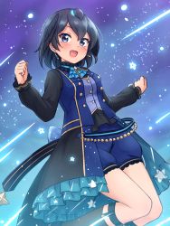 Rule 34 | 1girl, :d, alternate costume, black hair, blue eyes, blue shorts, blush, boots, commentary, earrings, falling star, hair between eyes, highres, jewelry, kemono friends, knee boots, long sleeves, looking at viewer, open mouth, puffy shorts, shiraha maru, short hair, shorts, smile, solo, star (symbol), star print, superb bird-of-paradise (kemono friends)