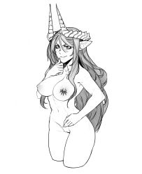 Rule 34 | 1girl, absurdres, blush, breasts, collarbone, cowboy shot, greyscale, hair between eyes, highres, horns, large breasts, less, long hair, monochrome, navel, nipples, nude, original, pointy ears, pussy, solo, white background