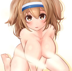Rule 34 | 1girl, bad id, bad pixiv id, blush, breasts, brown eyes, hairband, i-26 (kancolle), kantai collection, large breasts, light brown hair, light censor, long hair, looking at viewer, nude, open mouth, rose neru, sitting, smile, two-tone hairband, two side up, wariza