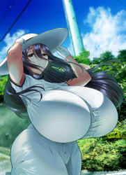 Rule 34 | 1girl, arms up, black hair, breasts, curvy, dress, gigantic breasts, gloves, hasshaku-sama, hat, highres, impossible clothes, impossible dress, katakuriko, long hair, original, red eyes, road, solo, standing, sun hat, thick thighs, thighs, white dress, white gloves, wide hips