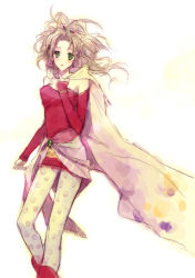 Rule 34 | 1990s (style), 1girl, amano yoshitaka design, blonde hair, cape, detached sleeves, earrings, female focus, final fantasy, final fantasy vi, gradient background, green eyes, highres, jewelry, long hair, omix, pantyhose, parted bangs, ponytail, retro artstyle, solo, tina branford, white background