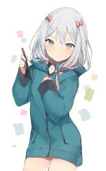 Rule 34 | 10s, 1girl, bow, closed mouth, collarbone, cowboy shot, eromanga sensei, green jacket, hair bow, hand on own chest, hand up, holding, holding pen, hood, hood down, hooded jacket, izumi sagiri, jacket, legs apart, long hair, looking at viewer, lpip, pen, pink bow, silver hair, simple background, solo, stylus, white background