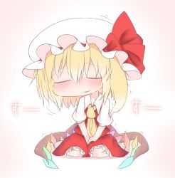 Rule 34 | +++, 1girl, :d, ascot, barefoot, blonde hair, blush, bow, breasts, chibi, closed eyes, collared shirt, commentary request, crystal, d:, flandre scarlet, frilled hat, frilled skirt, frills, full body, hat, hat bow, highres, knees together feet apart, medium skirt, mob cap, nose blush, open mouth, own hands together, puffy short sleeves, puffy sleeves, raised eyebrows, red bow, red skirt, shirt, short hair, short sleeves, shoupon, side ponytail, simple background, sitting, skirt, skirt set, sleeping, small breasts, smile, solo, touhou, translation request, v arms, wariza, white background, white hat, wing collar, wings, yellow ascot, |d