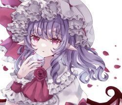 Rule 34 | 1girl, ascot, bat wings, blush, collared shirt, fingernails, frilled shirt collar, frills, hat, hat ribbon, jaku sono, long fingernails, medium hair, mob cap, nail polish, parted lips, pointy ears, portrait, purple hair, red ascot, red eyes, red nails, red ribbon, remilia scarlet, ribbon, sharp fingernails, shirt, simple background, solo, touhou, white background, white hat, white shirt, wings, wrist cuffs