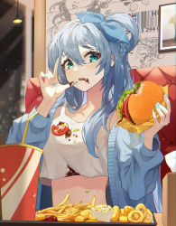 Rule 34 | 1girl, absurdres, blue bow, blue hair, blue jacket, blue nails, blush, bow, braid, burger, crop top, crop top overhang, cup, disposable cup, eating, food, food on clothes, food on face, food on hand, french fries, green eyes, hair between eyes, hair bow, hair rings, highres, holding, holding food, indoors, jacket, josal, long hair, long sleeves, midriff, nail polish, onion rings, open clothes, open jacket, open mouth, original, restaurant, shirt, sitting, sleeveless, sleeveless shirt, solo, upper body, white shirt