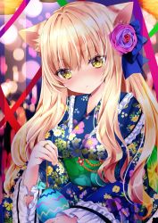 Rule 34 | 1girl, :&lt;, bad id, bad pixiv id, blonde hair, blue bow, blue kimono, blush, bow, breasts, closed mouth, commentary request, floral print, flower, frilled sleeves, frills, hair between eyes, hair bow, hair flower, hair ornament, highres, holding, japanese clothes, kimono, long hair, long sleeves, looking at viewer, medium breasts, nanase kureha, nanase nao, obi, original, pink flower, pink rose, print kimono, purple flower, purple rose, red flower, red rose, rose, sash, solo, upper body, very long hair, wide sleeves, yellow eyes