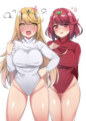 Rule 34 | 2girls, anger vein, blonde hair, blush, breasts, clenched hand, earrings, gem, hair ornament, hand on own hip, hand on own chest, headpiece, heart, heattech leotard, jewelry, large breasts, leotard, long hair, long sleeves, multiple girls, mythra (xenoblade), nintendo, nose blush, open mouth, pyra (xenoblade), red eyes, red hair, red sweater, ribbed leotard, ribbed sweater, short hair, simple background, spicy moo, sweater, swept bangs, thighs, tiara, turtleneck, turtleneck sweater, white background, white sweater, xenoblade chronicles (series), xenoblade chronicles 2, yellow eyes