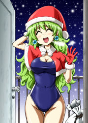 Rule 34 | 1girl, breasts, christmas, cleavage, competition swimsuit, door, earrings, gloves, green hair, hat, jewelry, kousei (public planet), long hair, medium breasts, one-piece swimsuit, original, publicplanet, red gloves, sack, santa costume, santa hat, school swimsuit, shawl, snow, solo, swimsuit
