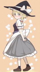 Rule 34 | 1girl, anger vein, arm behind back, blonde hair, blush, bow, braid, embarrassed, hat, hat bow, highres, kirisame marisa, looking at viewer, nodoguro (phi-tan), shirt, shoes, short sleeves, single braid, skirt, solo, star (symbol), star print, starry background, touhou, witch hat, yellow eyes