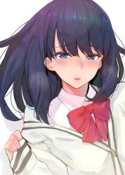 Rule 34 | 10s, 1girl, black hair, blue eyes, blush, cardigan, chromatic aberration, clothes pull, gridman universe, half-closed eyes, highres, kurowa, looking at viewer, lying, nose blush, on back, open mouth, parted lips, purple eyes, school uniform, simple background, sleeves past wrists, solo, ssss.gridman, sweater, sweater pull, takarada rikka, teeth, white background