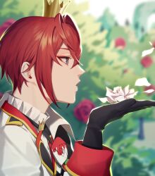 Rule 34 | 13 (bbr584607091), 1boy, black gloves, blowing, blurry, blurry background, bush, crown, flower, from side, gloves, gold trim, grey eyes, highres, holding, holding flower, jacket, male focus, mini crown, multicolored clothes, multicolored jacket, parted lips, red flower, red hair, red jacket, red rose, riddle rosehearts, rose, rose bush, solo, twisted wonderland, two-tone jacket, upper body, white flower, white jacket, white rose