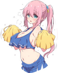 Rule 34 | 1girl, alternate costume, alternate hairstyle, aqua eyes, bocchi the rock!, bouncing breasts, breasts, cheerleader, cleavage, commentary request, cube hair ornament, gotoh hitori, hair between eyes, hair ornament, highres, holding, holding pom poms, long hair, looking at viewer, mel (melty pot), motion lines, navel, pink hair, pom pom (cheerleading), pom poms, ponytail, simple background, solo, sweat, underboob, white background