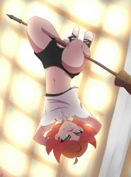 Rule 34 | 10s, 1girl, 2017, ahoge, amanda o&#039;neill, arms behind head, arms up, bike shorts, broom, dated, female focus, green eyes, hanging, highres, little witch academia, looking at viewer, midriff, navel, orange hair, shirt, shoes, short hair, short sleeves, signature, smile, solo, text focus, thehumancopier, upside-down, white footwear, white shirt