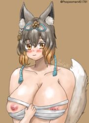 Rule 34 | 1girl, animal ear fluff, animal ears, blush, boobfan06, breasts, brown hair, closed mouth, colored eyelashes, fox ears, fox girl, fox tail, grey hair, hair ornament, kaia (project qt), large breasts, looking at viewer, multicolored hair, nipple slip, nipples, orange hair, project qt, sarashi, self-upload, short hair, simple background, tail, twitter username, yellow eyes