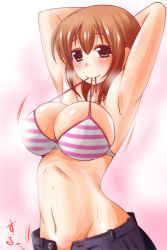 Rule 34 | 1girl, armpits, arms up, blush, bra, bra in mouth, breasts, brown hair, cleavage, clothes in mouth, green eyes, highres, large breasts, looking at viewer, midriff, mouth hold, navel, nishi koutarou, no shirt, open fly, original, pants, ribbon, ribbon in mouth, smile, solo, striped bra, striped clothes, underwear, unzipped