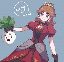 Rule 34 | 1girl, absurdres, alternate color, beamed eighth notes, black gloves, blue eyes, breasts, brooch, brown hair, closed mouth, dress, earrings, flipped hair, flower earrings, gloves, highres, holding, huge filesize, jewelry, mario (series), medium breasts, medium hair, missou shiro, music, musical note, nintendo, princess, princess daisy, puffy short sleeves, puffy sleeves, red dress, short sleeves, smile, solo, speech bubble, spoken musical note, super mario bros. 2, super mario land, super smash bros., turnip