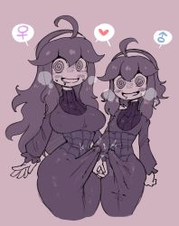 Rule 34 | 1boy, 1girl, @ @, ahoge, alternate breast size, androgynous, blush, breasts, bulge, cowboy shot, creatures (company), dress, drooling, dual persona, erection, erection under clothes, futa with male, futanari, game freak, hairband, heart, hex maniac (pokemon), highres, holding hands, large breasts, long hair, long sleeves, looking at viewer, monochrome, narrow waist, nintendo, open mouth, pokemon, pokemon xy, purple background, purple dress, rariatto (ganguri), sidelocks, simple background, sketch, skin tight, smile, spoken heart, standing, trap, turtleneck, wide hips