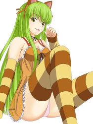 Rule 34 | 10s, 1girl, :d, animal ears, arm support, bare shoulders, breasts, c.c., cleavage, code geass, code geass: nunnally in wonderland, detached sleeves, fake animal ears, female focus, green hair, highres, kusakabelover, legs, long hair, looking at viewer, neck ribbon, nightgown, open mouth, panties, pantyshot, raccoon ears, ribbon, see-through, simple background, sitting, smile, solo, striped clothes, striped detached sleeves, striped thighhighs, thighhighs, underwear, white background, yellow eyes