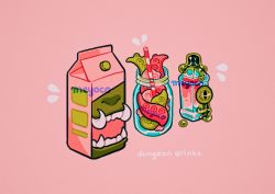 Rule 34 | artist name, bottle, carton, drinking straw, english text, eyeball, jar, meyoco, no humans, open mouth, original, pink background, simple background, slime (substance), slit pupils, teeth, tentacles