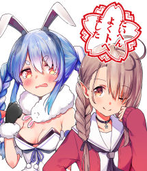 Rule 34 | 2girls, absurdres, ahoge, animal ear fluff, animal ears, black bow, black gloves, black neckerchief, blue hair, blush, bow, braid, breasts, breasts apart, brown eyes, brown hair, cardigan, carrot hair ornament, closed mouth, coat, crossover, don-chan (usada pekora), eyebrows, female focus, food-themed hair ornament, gloves, hair ornament, highres, hololive, indie virtual youtuber, kusunoki shio, kusunoki shio (channel), kutar22, leotard, long hair, long sleeves, looking at another, looking at viewer, medium breasts, multicolored hair, multiple girls, neckerchief, one eye closed, open mouth, playboy bunny, pointy ears, rabbit ears, rabbit girl, red cardigan, scarf, shirt, short eyebrows, simple background, sleeves past wrists, smile, symbol-shaped pupils, thick eyebrows, twin braids, two-tone hair, upper body, usada pekora, usada pekora (1st costume), virtual youtuber, white background, white coat, white hair, white shirt