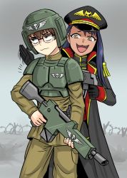 Rule 34 | 1boy, 1girl, :d, armor, astra militarum, barbed wire, black gloves, black hair, black headwear, body armor, bolt pistol, brown hair, closed mouth, coat, commissar, fang, flick-the-thief, fog, glasses, gloves, green headwear, gun, hachiouji naoto, hat, helmet, holding, holding gun, holding weapon, ijiranaide nagatoro-san, looking away, military, military uniform, nagatoro hayase, open clothes, open coat, open mouth, outdoors, raised eyebrows, rifle, smile, tongue, uniform, warhammer 40k, wavy mouth, weapon, yellow eyes