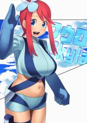 Rule 34 | 1girl, :d, alternate breast size, blue eyes, blue gloves, blue jacket, blue shorts, breasts, character name, clenched hand, commentary request, creatures (company), cropped jacket, eyelashes, game freak, gloves, hair ornament, hand up, highres, jacket, nintendo, one side up, open mouth, pink hair, pokemon, pokemon bw, pouch, short hair with long locks, short shorts, shorts, sidelocks, skyla (pokemon), smile, solo, teeth, thigh pouch, tongue, turtleneck, upper teeth only, xin lan deng
