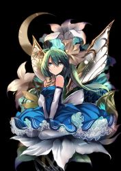 Rule 34 | 1girl, aqua eyes, backlighting, black background, blue dress, blue flower, bow, breasts, chestnut mouth, crescent moon, daiyousei, detached collar, dress, elbow gloves, facing viewer, fairy wings, flower, formal, gloves, glowing flower, green hair, hair between eyes, hair bow, hands on lap, highres, karlwolf, lily (flower), looking at viewer, medium breasts, moon, petticoat, short hair, side ponytail, simple background, sitting, sitting on flower, solo, strapless, strapless dress, touhou, wariza, white gloves, wings