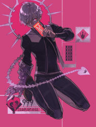 Rule 34 | 1boy, claw (weapon), closed mouth, full body, glowing, glowing eyes, hair over one eye, halo, heart, highres, kneeling, lizzydom, looking to the side, male focus, monark, pants, pink background, protagonist (monark), red eyes, short hair, skeletal tail, solo, tail, weapon, white hair