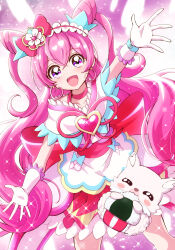 Rule 34 | 1girl, :d, arm up, back bow, bow, brooch, choker, cone hair bun, cure precious, delicious party precure, double bun, dress, earrings, frilled hairband, frills, futa-futa, gloves, hair bow, hair bun, hairband, heart, heart brooch, highres, huge bow, jewelry, kome-kome (precure), light particles, long hair, looking at viewer, magical girl, medium dress, nagomi yui, open mouth, pink choker, pink hair, precure, purple eyes, red bow, red dress, smile, solo, sparkle, standing, two-tone dress, two side up, very long hair, white dress, white gloves