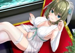 Rule 34 | 1girl, babydoll, bad id, bad twitter id, bare shoulders, blue eyes, blurry, blurry foreground, breasts, bridal gauntlets, cleavage, collarbone, commentary, crossed legs, from above, green eyes, green hair, hair between eyes, hand up, heterochromia, idolmaster, idolmaster cinderella girls, large breasts, looking at viewer, mole, mole under eye, nail polish, panties, parted lips, pink nails, plant, sengoku aky, short hair, sitting, smile, solo, takagaki kaede, thighhighs, thighs, underwear, veil, white panties, white thighhighs