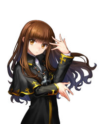 Rule 34 | 10s, 1girl, black capelet, black dress, brown eyes, brown hair, capelet, cross, cross necklace, dress, fate/extra, fate (series), floating hair, jewelry, kishinami hakuno (female), long hair, long sleeves, looking at viewer, necklace, simple background, solo, standing, tetsukuzu tetsuko, upper body, white background