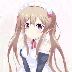 Rule 34 | 10s, 1girl, apron, bare shoulders, blush, bow, bowtie, brown hair, detached sleeves, elf, frills, gradient background, hair bow, hair ribbon, long hair, looking at viewer, maid, maid apron, maid headdress, myucel foalan, outbreak company, pointy ears, purple eyes, ribbon, solo, twintails, yasai yuuki