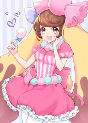 Rule 34 | 1girl, animal ears, blue background, bow, brown eyes, brown hair, candy, candy lapin (show by rock!!), food, highres, holding, holding candy, holding food, holding lollipop, light blue background, lollipop, looking at viewer, lop rabbit ears, mel6969, multicolored shirt, open mouth, pink bow, pink shirt, puffy short sleeves, puffy sleeves, rabbit ears, rabbit girl, shirt, short hair, short sleeves, show by rock!!, smile, solo, striped, striped background, swirl lollipop, white shirt