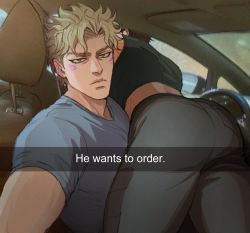Rule 34 | 2boys, ass, caesar anthonio zeppeli, car interior, donlemefo, english text, expressionless, grey pants, he wants to order (meme), jojo no kimyou na bouken, joseph joestar, joseph joestar (young), looking at viewer, lying on person, male focus, meme, multiple boys, muscular, muscular male, pants, selfie, short hair, sideburns, snapchat, thick eyebrows, thighs, tight clothes, tight pants, yaoi