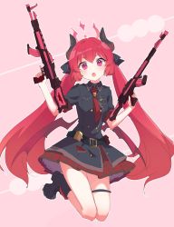 Rule 34 | 1girl, :o, black dress, black footwear, black ribbon, blue archive, boots, breast pocket, dress, dual wielding, gun, hair ribbon, halo, highres, holding, holding weapon, horns, junko (blue archive), kyuuri (miyako), legs up, long hair, looking at viewer, low wings, necktie, pink background, pink eyes, pocket, red hair, red necktie, ribbon, short sleeves, sidelocks, simple background, solo, thigh strap, two-tone background, very long hair, weapon, wings