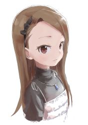 Rule 34 | 1girl, absurdres, black hairband, brown eyes, brown hair, facial mark, forehead mark, hairband, highres, idolmaster, idolmaster (classic), idolmaster 2, jewelry, long hair, looking at viewer, minase iori, necklace, portrait, solo, swept bangs, turtleneck, upper body, white background, yamamoto souichirou