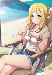 Rule 34 | 1girl, beach, belt, blonde hair, blush, braid, breasts, cup, day, dengeki g&#039;s, green eyes, hand on own chest, highres, inou shin, jewelry, looking at viewer, love live!, love live! school idol festival, love live! sunshine!!, medium breasts, medium hair, miniskirt, necklace, ocean, official art, ohara mari, sand, sitting, skirt, smile, solo, thighs