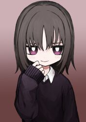 Rule 34 | 1girl, absurdres, black sweater, bright pupils, brown hair, collared shirt, evil smile, gradient background, half-closed eyes, hand to own mouth, hand up, highres, light blush, looking at viewer, medium hair, original, purple eyes, red background, shii595, shirt, sleeves past wrists, smile, solo, sweater, upper body, white pupils, white shirt
