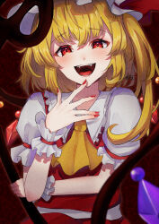 Rule 34 | 1girl, :d, absurdres, arm under breasts, ascot, blonde hair, blurry, blush, crystal, depth of field, fangs, flandre scarlet, hair between eyes, hand up, hat, highres, izanaware game, laevatein (touhou), looking at viewer, medium hair, mob cap, nail polish, open mouth, outer glow, perspective, puffy short sleeves, puffy sleeves, red background, red eyes, red nails, red skirt, red vest, short sleeves, skirt, skirt set, sleeves past wrists, smile, solo, teeth, tongue, touhou, upper body, vest, wings, wrist cuffs, yellow ascot