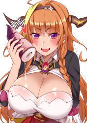 Rule 34 | 1girl, ahoge, artificial vagina, blonde hair, blunt bangs, blush, bow, braid, breasts, cleavage, commentary request, darkmaya, diagonal-striped bow, dragon girl, dragon horns, fang, heart, hololive, horns, kiryu coco, kiryu coco (1st costume), large breasts, long hair, looking at viewer, multicolored hair, open mouth, orange hair, pointy ears, purple eyes, severed tail, sex toy, simple background, single braid, skin fang, smile, solo, streaked hair, tail, upper body, virtual youtuber, white background