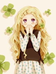 Rule 34 | 00s, 1girl, absurdres, bad id, bad pixiv id, blonde hair, blush, braid, clover, covering own mouth, floral print, four-leaf clover, hair ornament, hairclip, hanamoto hagumi, hand over own mouth, hand to own mouth, highres, honey and clover, long sleeves, miruhi (pixiv12262111), purple eyes, silhouette, simple background, solo, wavy hair