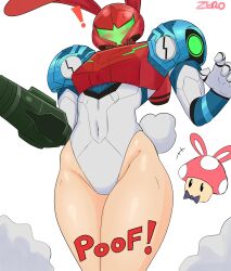 Rule 34 | !, 1girl, absurdres, adapted costume, arm cannon, armor, blush, covered navel, cowboy shot, dust cloud, helmet, highres, leotard, mario (series), metroid, metroid dread, nintendo, pauldrons, playboy bunny, power suit, rabbit ears, rabbit tail, samus aran, shoulder armor, solo, super mushroom, thick thighs, thighs, weapon, white background, wide hips, zero momentai