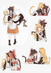 Rule 34 | 2girls, absurdres, adapted costume, alternate costume, animal ears, apron, black dress, black hair, blonde hair, blush, boots, bow, brown eyes, brown footwear, carrying, cat ears, cat tail, closed eyes, cross-laced footwear, dress, enmaided, frilled apron, frills, hair bow, hair tubes, hakurei reimu, highres, kirisame marisa, knee boots, lace-up boots, long hair, maid, maid apron, multiple girls, open mouth, princess carry, red bow, red dress, sidelocks, tail, touhou, white apron, wrist cuffs, ydpfa, yellow eyes