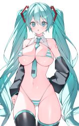 1girl :o absurdres aqua_eyes aqua_hair aqua_necktie arm_at_side arm_behind_back ass bare_shoulders between_breasts bikini black_sleeves black_thighhighs blush breasts commentary_request cowboy_shot detached_sleeves gluteal_fold groin hair_between_eyes hair_ornament hatsune_miku highleg highleg_bikini highres large_breasts long_hair looking_at_viewer meme_attire micro_bikini miku_collar_bikini navel necktie necktie_between_breasts number_tattoo open_mouth parted_lips shoulder_tattoo simple_background solo standing string_bikini striped_bikini striped_clothes sumi_(mizuoisiiii) swimsuit tattoo thighhighs tie_clip twintails very_long_hair vocaloid white_background