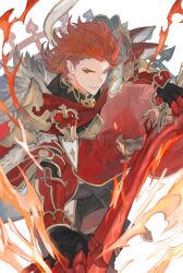 Rule 34 | 1boy, armor, black gloves, cape, closed mouth, fire, fur-trimmed cape, fur trim, gloves, granblue fantasy, highres, holding, holding sword, holding weapon, male focus, mumu vosp, percival (granblue fantasy), red armor, red eyes, red hair, short hair, shoulder armor, smile, solo, sword, vambraces, weapon, white cape