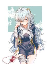 1girl 1nfb absurdres bags_under_eyes bandaged_arm bandaged_leg bandages blood blood_bag blue_eyes breasts girls&#039;_frontline hair_between_eyes highres long_hair looking_at_viewer messy_hair one_eye_closed ribeyrolles_(girls&#039;_frontline) rubbing_eyes silver_hair sitting solo thighs very_long_hair