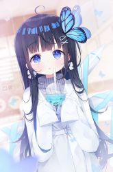 Rule 34 | 1girl, :o, ahoge, animal, aoi nabi, artist name, black hair, blue eyes, blue ribbon, blurry, blurry background, blush, bug, butterfly, commentary request, cup, depth of field, deyui, disposable cup, drink, drinking straw, grey sweater, hair ornament, hairclip, hands up, highres, holding, holding cup, insect, long hair, long sleeves, looking at viewer, maesond, parted lips, ribbed sweater, ribbon, sleeves past fingers, sleeves past wrists, solo, sweater, turtleneck, turtleneck sweater, twitter logo, very long hair, virtual youtuber, x hair ornament