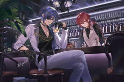 Rule 34 | 2boys, alcohol, alternate costume, antenna hair, artist name, bar (place), bartender, black choker, black gloves, black necktie, black shirt, blue eyes, blue hair, bottle, buttons, chair, choker, closed mouth, collarbone, collared shirt, commentary request, counter, crossed legs, cup, dark-skinned male, dark skin, diluc (genshin impact), dress shirt, eyepatch, formal, genshin impact, glint, gloves, hair between eyes, hair over shoulder, half gloves, head tilt, hoge (hoge0w0), holding, holding cup, indoors, jacket, kaeya (genshin impact), lapels, long hair, long sleeves, looking at viewer, male focus, multiple boys, necktie, night, on chair, one eye covered, open clothes, open collar, open jacket, pants, parted lips, plant, ponytail, red eyes, red hair, shirt, sidelocks, sitting, sleeves rolled up, smile, standing, twitter username, vest, white jacket, white pants, white vest, window